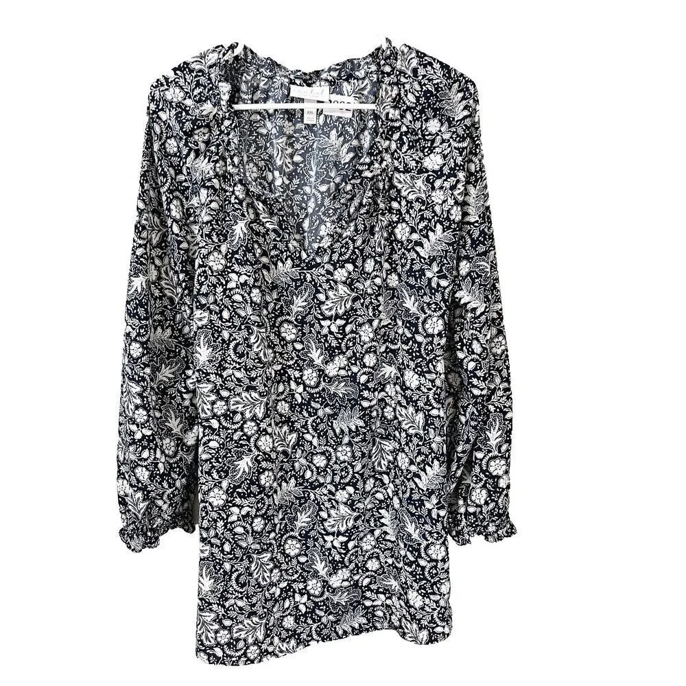 Isabel Ingrid & Isabel Womens Black White Tunic Blouse XXL Floral Split Neckline